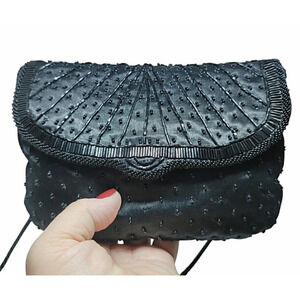 Vintage Black Satin Beaded Bag